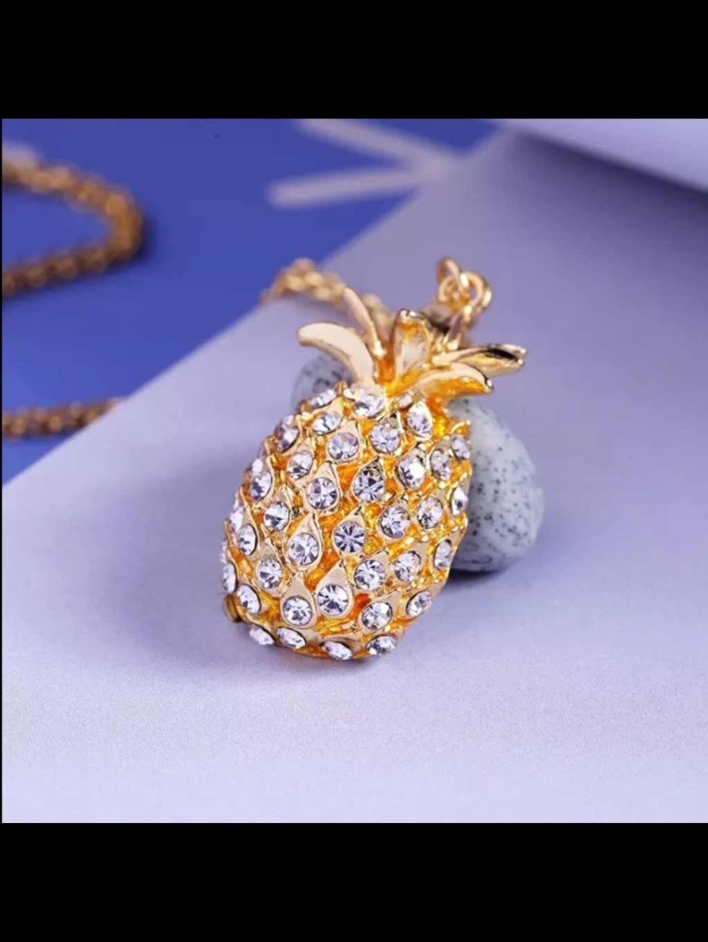 Elegant Sparkling Gold Tone Pineapple Pendant Necklace With Crystal Accents
